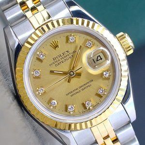 ROLEX LADIES DATEJUST 18KY GOLD & STEEL WATCH 69173 CHAMPAGNE DIAL FLUTED 26MM